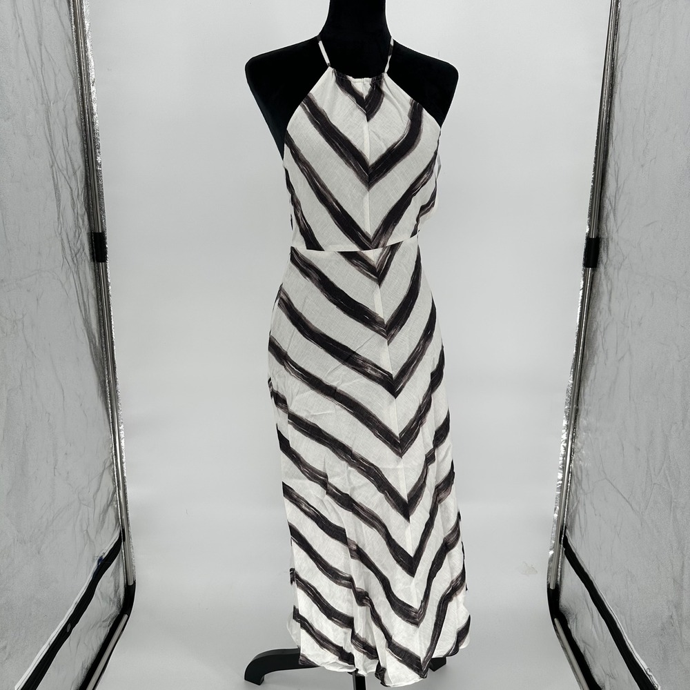 Ann Taylor Black White Halter Long‎ Maxi Dress 100% Linen Striped Petite 00P XS